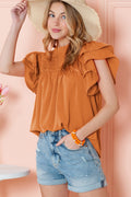 Grapefruit Orange Ruched Frilled Neck Ruffle Blouse