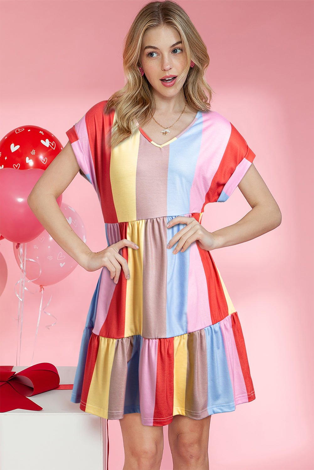 Multicolor Striped Rainbow V Neck Short Sleeve Tiered Dress