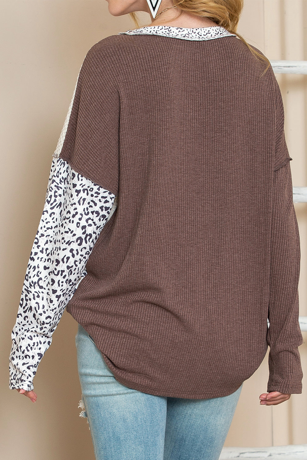 Leopard Print Exposed Seam Patchwork Pullover Long Sleeve Top