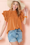 Grapefruit Orange Ruched Frilled Neck Ruffle Blouse