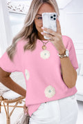 Beige Flower Pattern Puff Short Sleeve Sweater