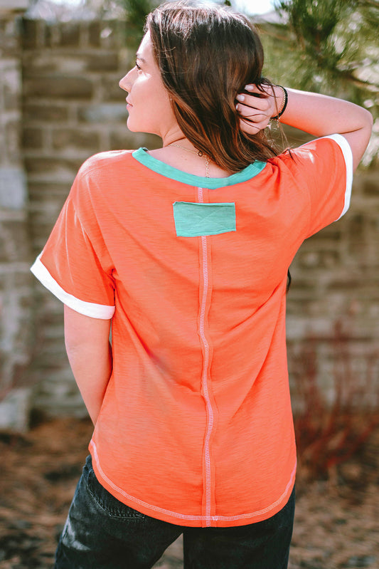 Grapefruit Orange Contrast Trim Exposed Seam V Neck T Shirt