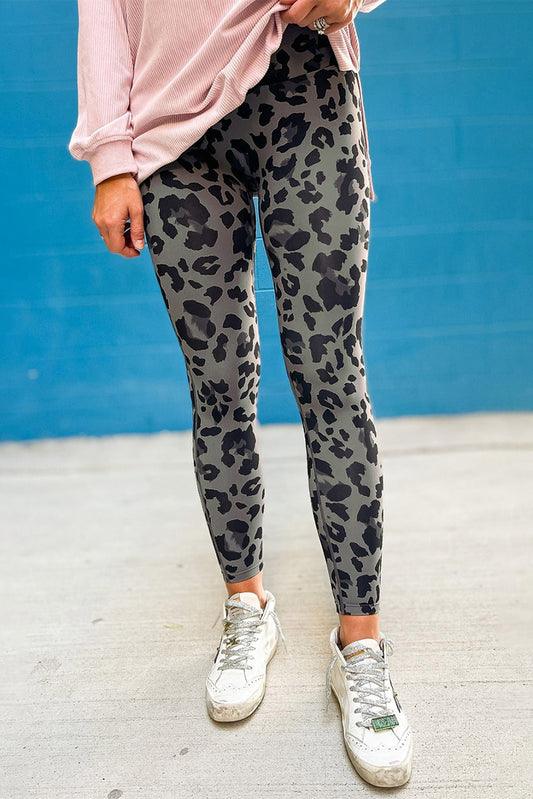 Grey Leopard Print Casual High Waist Leggings