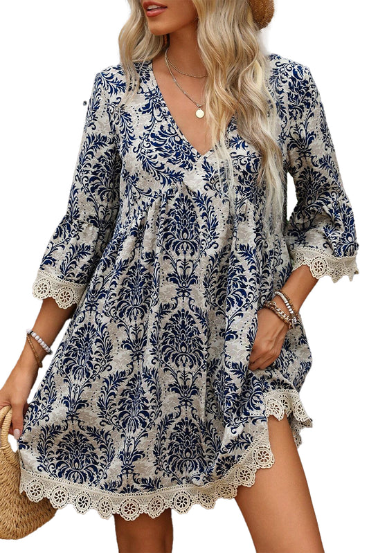 Sky Blue Ethnic Print Lace Trim V Neck 3/4 Sleeve Mini Dress