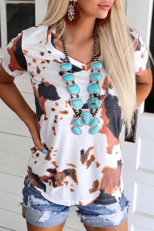 White Animal Print Short Sleeve V Neck T Shirt