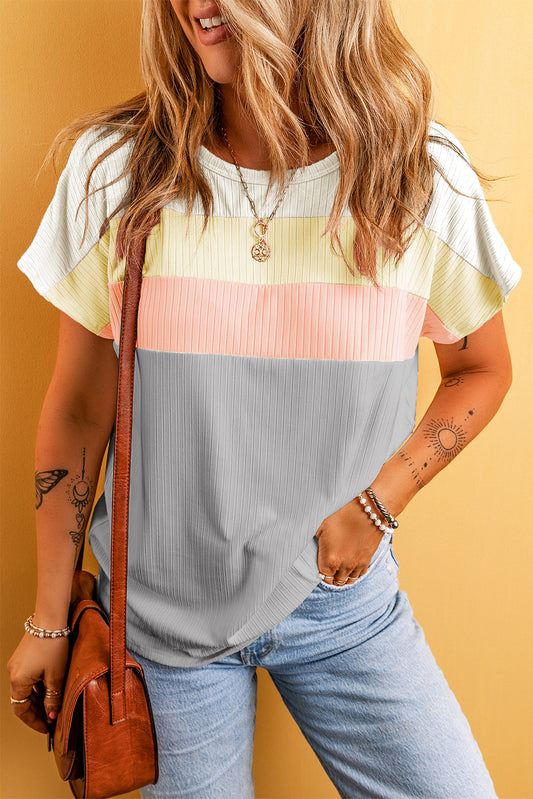 Moonlight Jade Ribbed Color Block Patchwork T shirt