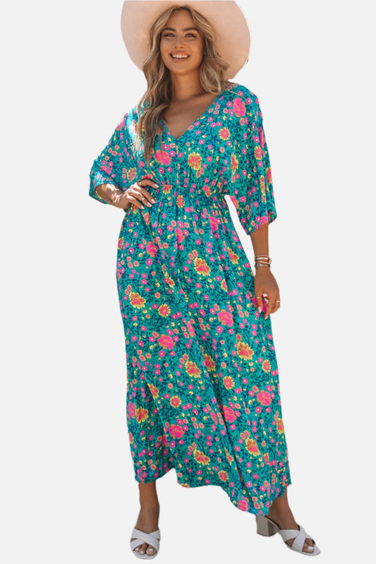 Floral Print Deep V Neck Flutter Sleeve Boho Maxi Dress