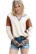 White Leopard Patchwork Notch Neck Thumbhole Long Sleeve Top