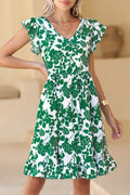 Green Leaf Print V Neck Fluttter Sleeveless Midi Dress