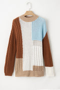 Khaki Mix Textured Knit Colorblock Mock Neck Sweater