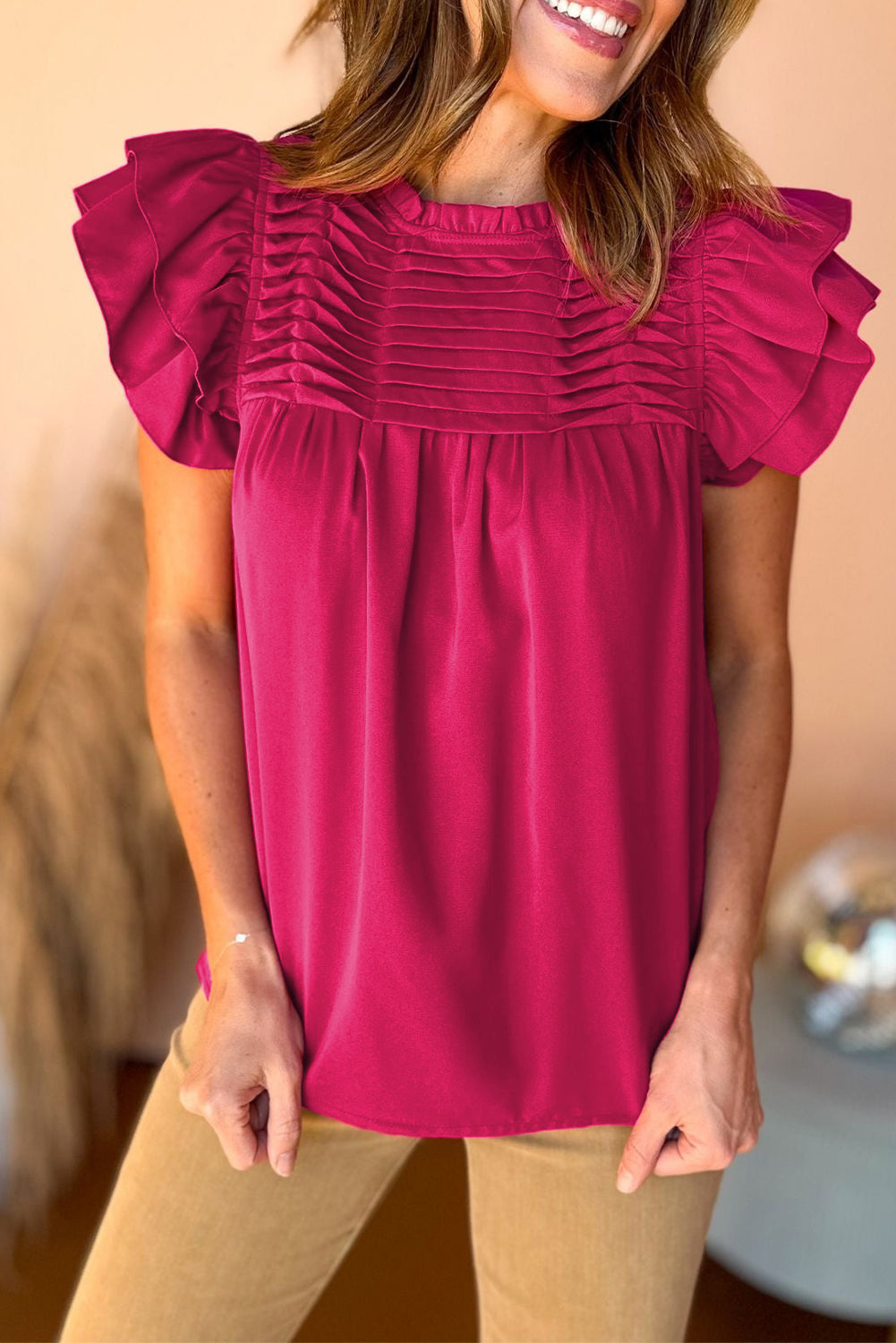 Grapefruit Orange Ruched Frilled Neck Ruffle Blouse