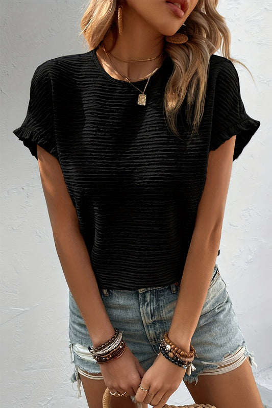 Black Solid Textured Frill Cuffs Short Sleeve Blouse