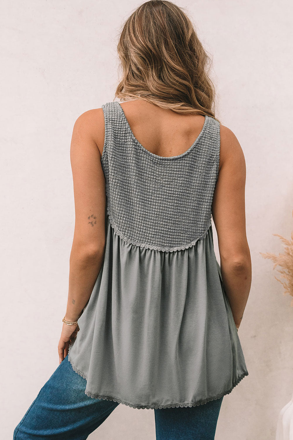 Gray Waffle Knit Panel Babydoll Sleeveless Top