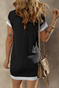 Light French Beige Rib Textured Colorblock Contrast Pocket T Shirt Dress