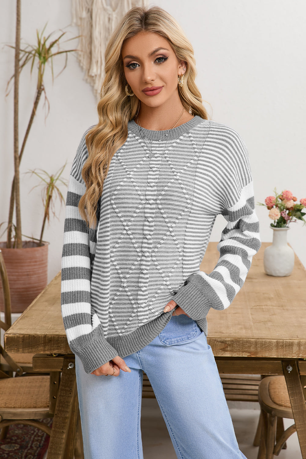 Brown Stripe Twisted Knitted Drop Shoulder Sweater