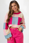 Rose Red Color Block Drop Shoulder Loose Fit Sweater