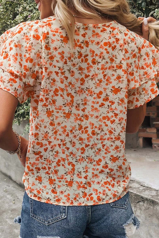 Orange Floral Tiered Flutter Sleeve Blouse