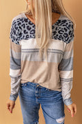 Leopard Print Color Block Pullover Long Sleeve Top