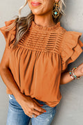 Grapefruit Orange Ruched Frilled Neck Ruffle Blouse