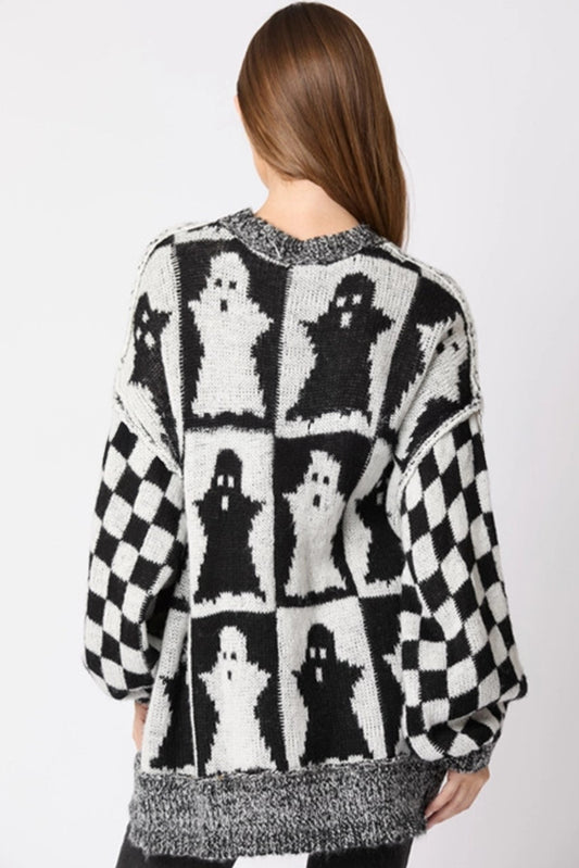 Black Checkerboard Print Halloween Ghost Sweater