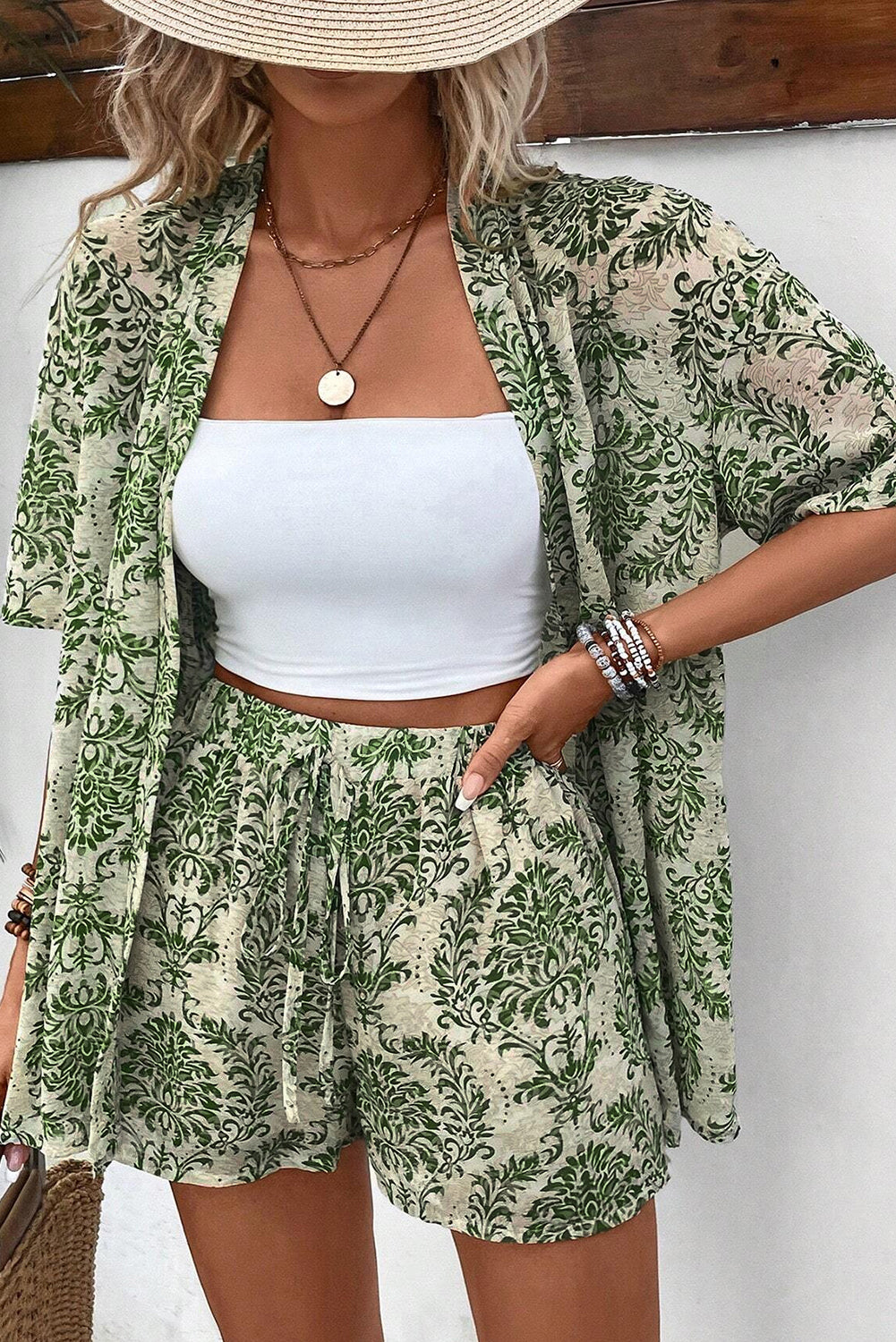 Green Floral Open Front Shirt and Drawstring Shorts Set