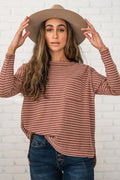 Stripe Side Slits Stitching Long Sleeve Top