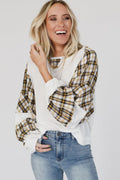 White Plaid Patch Waffle Knit Long Sleeve Top