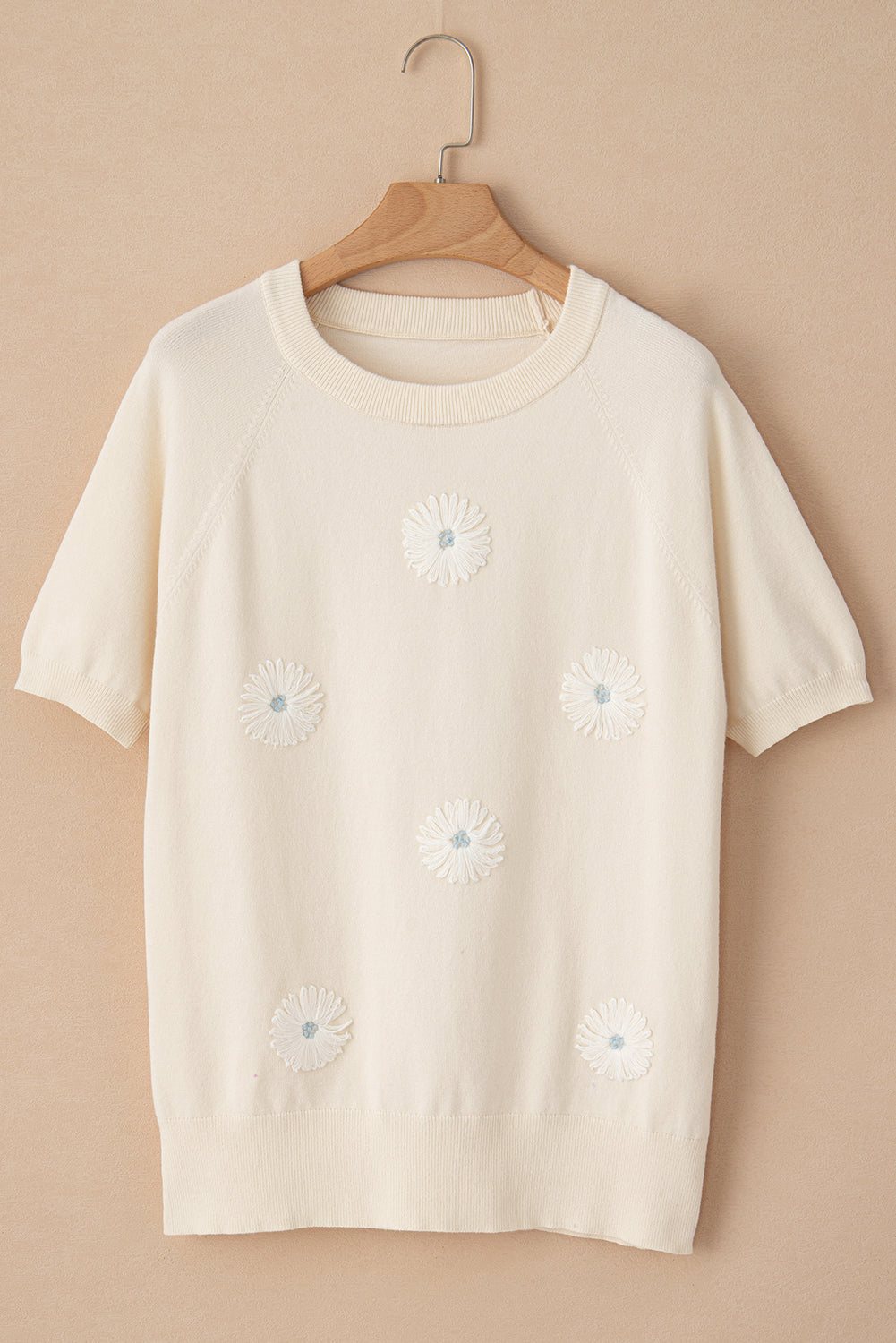 Beige Flower Pattern Puff Short Sleeve Sweater