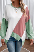 Pink Colorblock Stitching Irregular Hem Long Sleeve Top