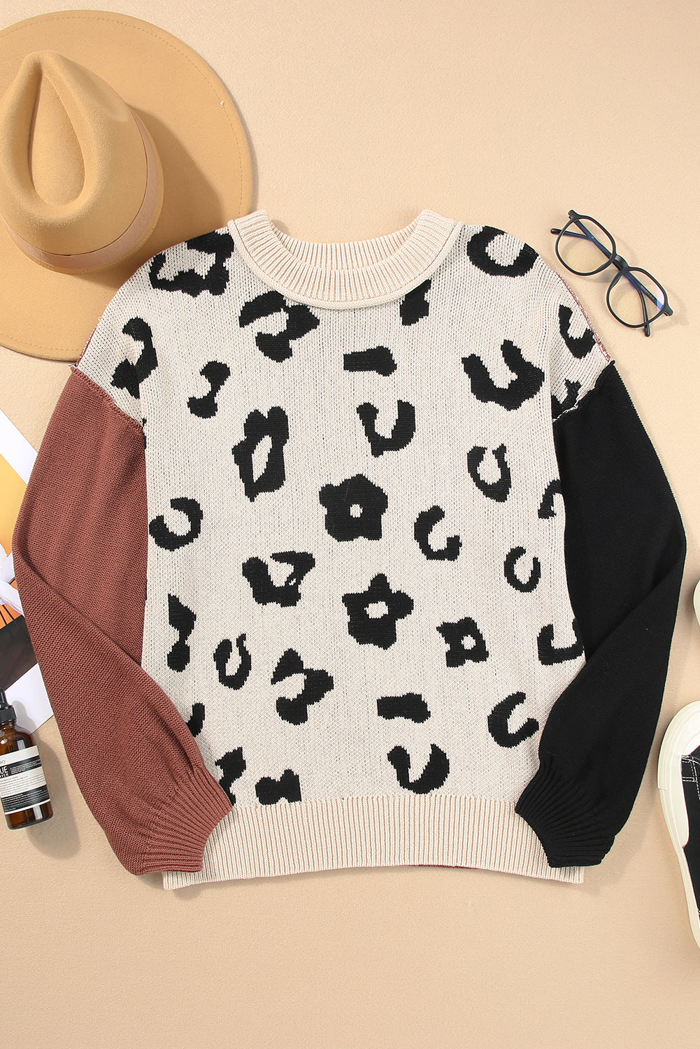 Coffee Leopard Print Patchwork Pullover Sweater