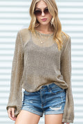 Khaki Solid Hollow-out Knit Long Sleeve Top