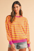 Orange Stripe Round Neck Drop Shoulder Loose Sweater