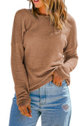 Khaki Waffle Knit Casual Drop Shoulder Long Sleeve Top