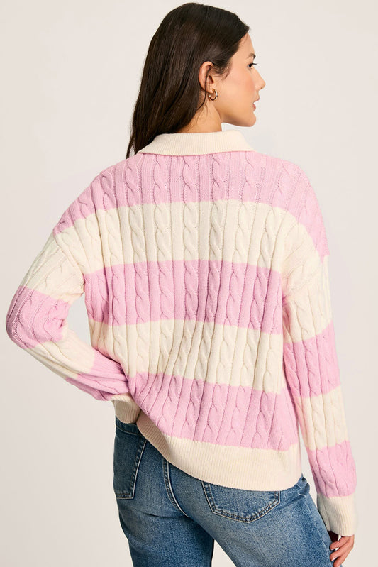 Pink Colorblock Button Collar Twisted Cable Knit Sweater