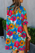 Multicolor Floral Print Mandarin Collar Short Sleeve Tunic Dress