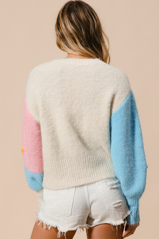 Multicolour Cute Flower Colorblock Knit Sweater