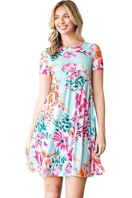 Light Blue Floral Casual High Waist Short Dress