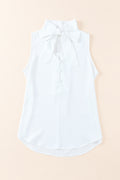 White Bow Tie V Neck Casual Sleeveless Shirt