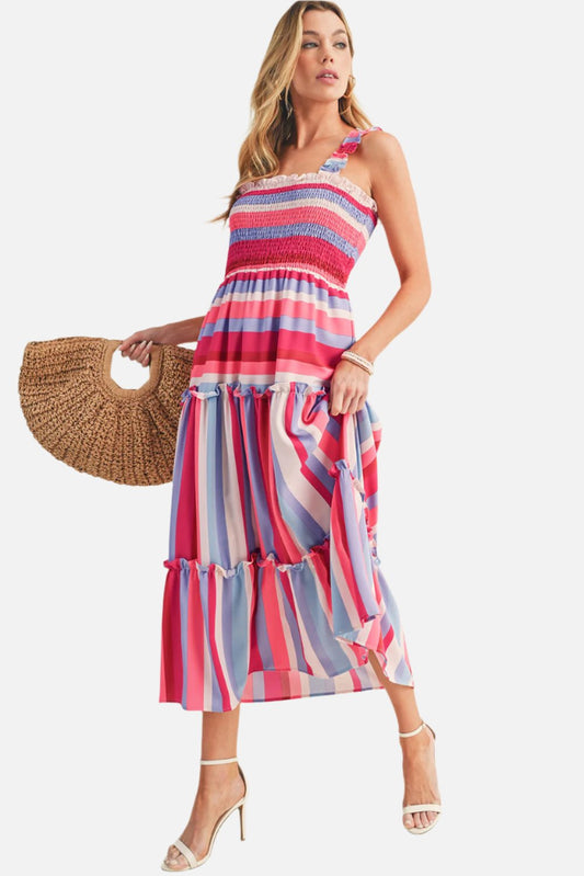 Red Stripe Ruffled Straps Smocked Tiered Long Dress