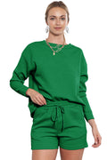 Green Textured Long Sleeve Top & Drawstring Shorts Set