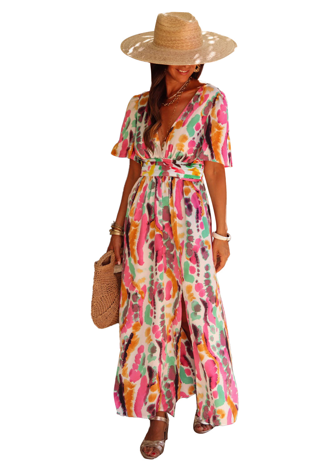 Pink Boho Tie Dye Print V Neck Side Split Maxi Dress