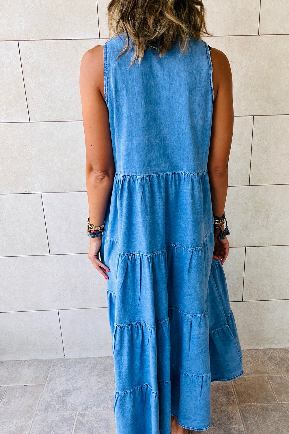 Real Teal Sleeveless Tiered Chambray Maxi Dress