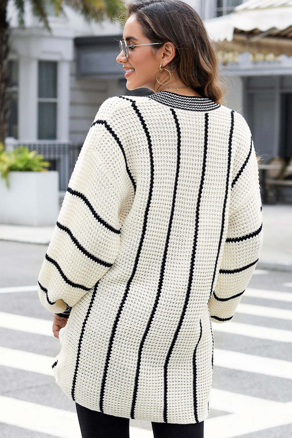 White Contrast V Neck Loose Tunic Sweater