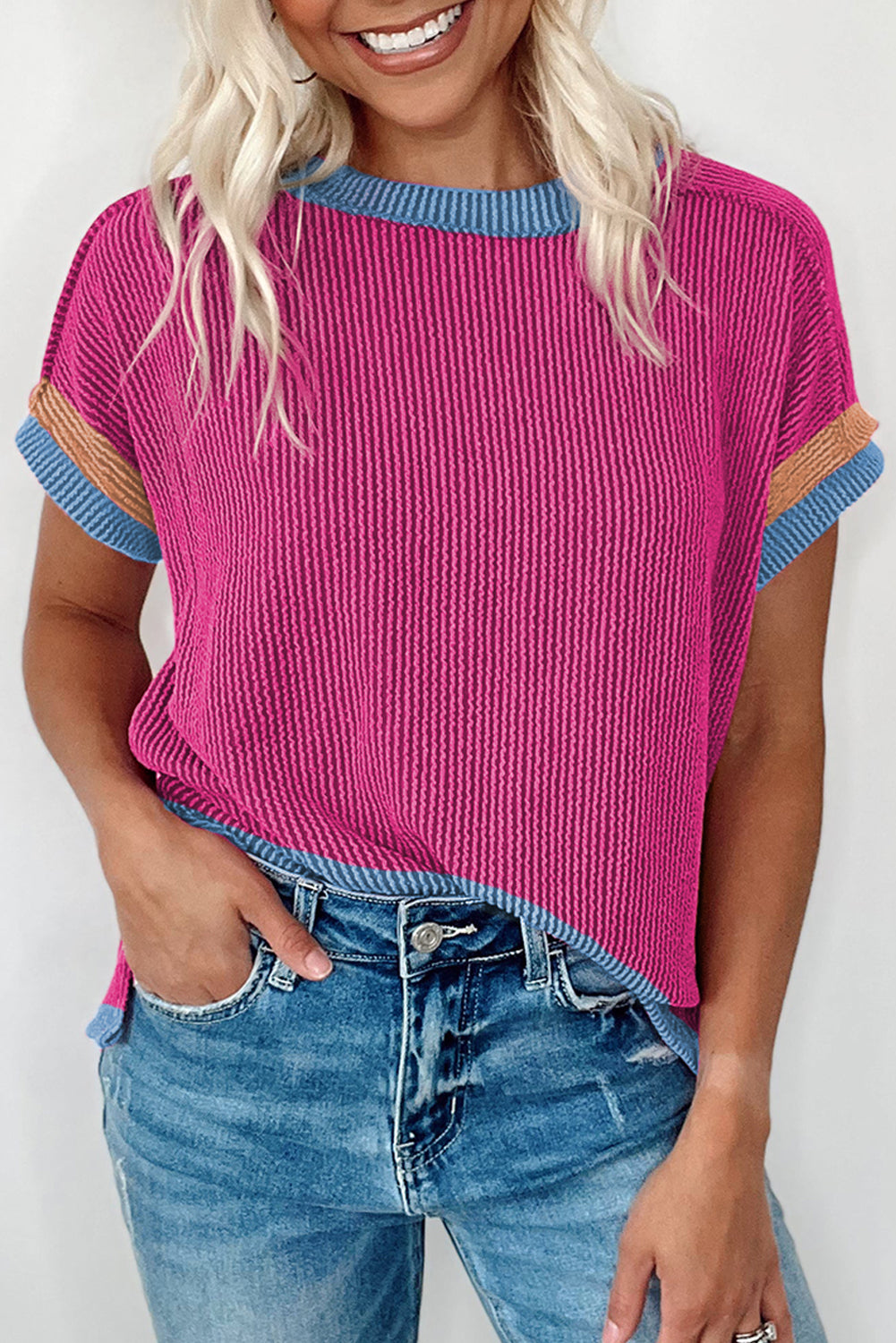 Sky Blue Stripe Contrast Drop Sleeve Loose Top