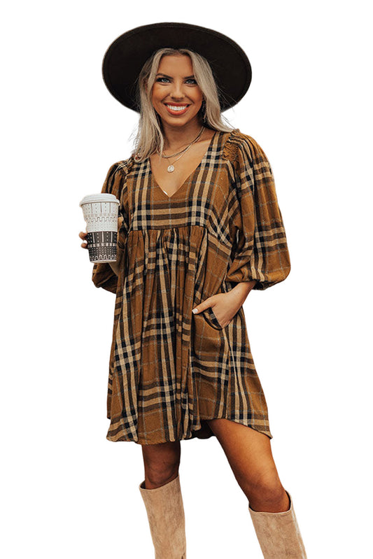 Brown Plaid Pattern Empire Waist Babydoll Dress