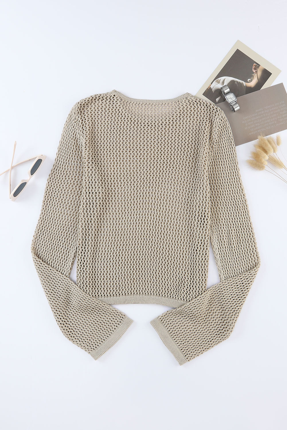 Khaki Solid Hollow-out Knit Long Sleeve Top