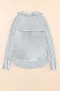 White and Black Striped Grommet Collared Thumbhole Long Sleeve Top