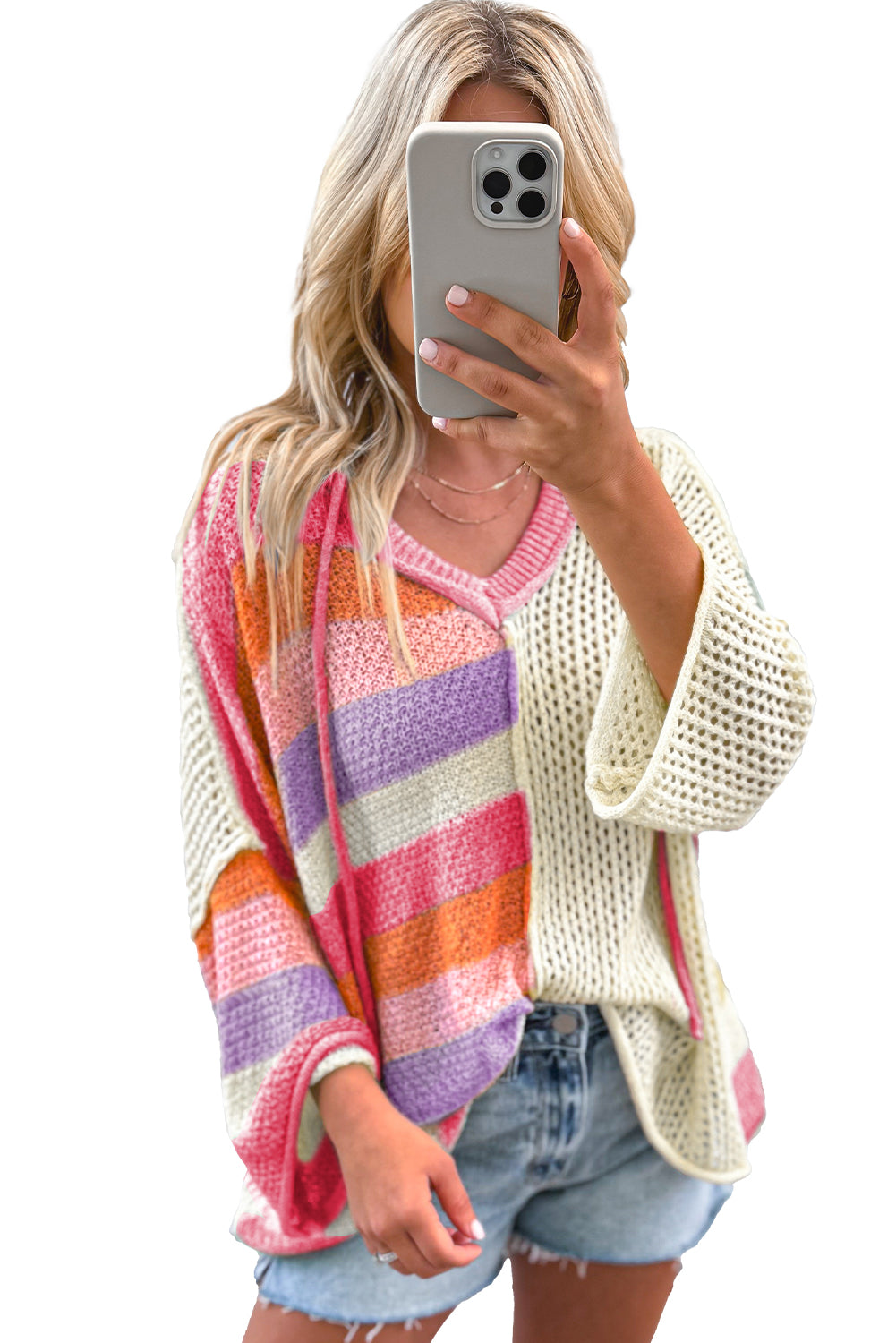 Beige Oversized Colorblock V Neck Hooded Sweater