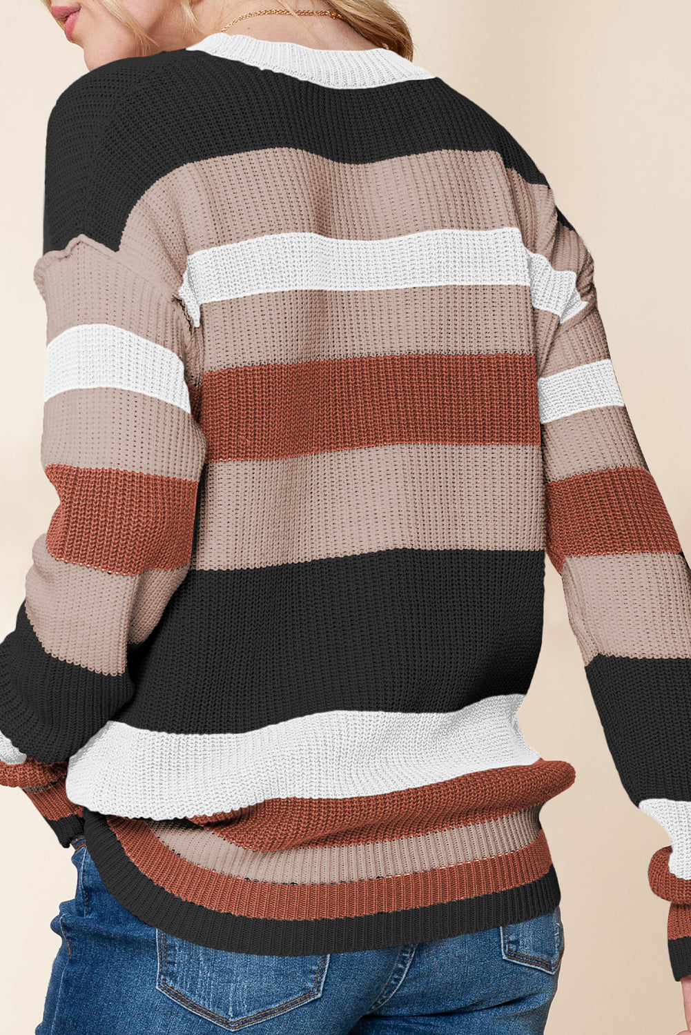 Taupe Striped Color Block Crewneck Knitted Sweater