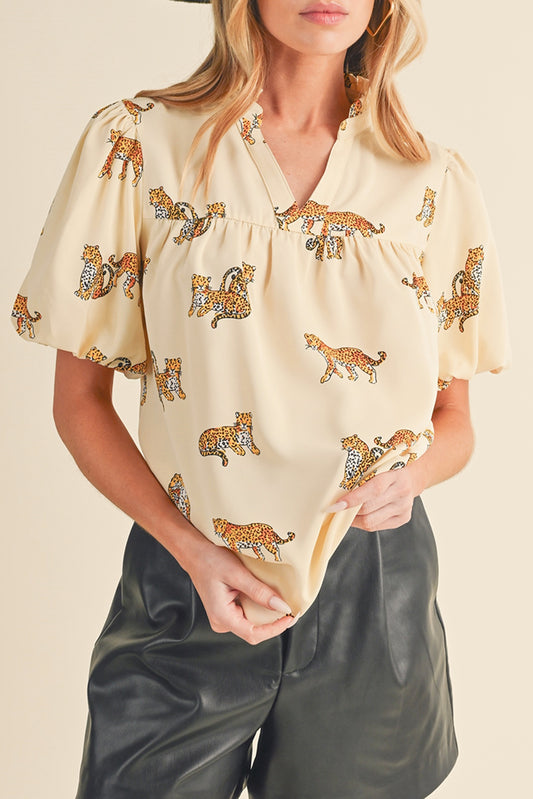 Apricot Animal Print V Neck Puff Sleeve Blouse